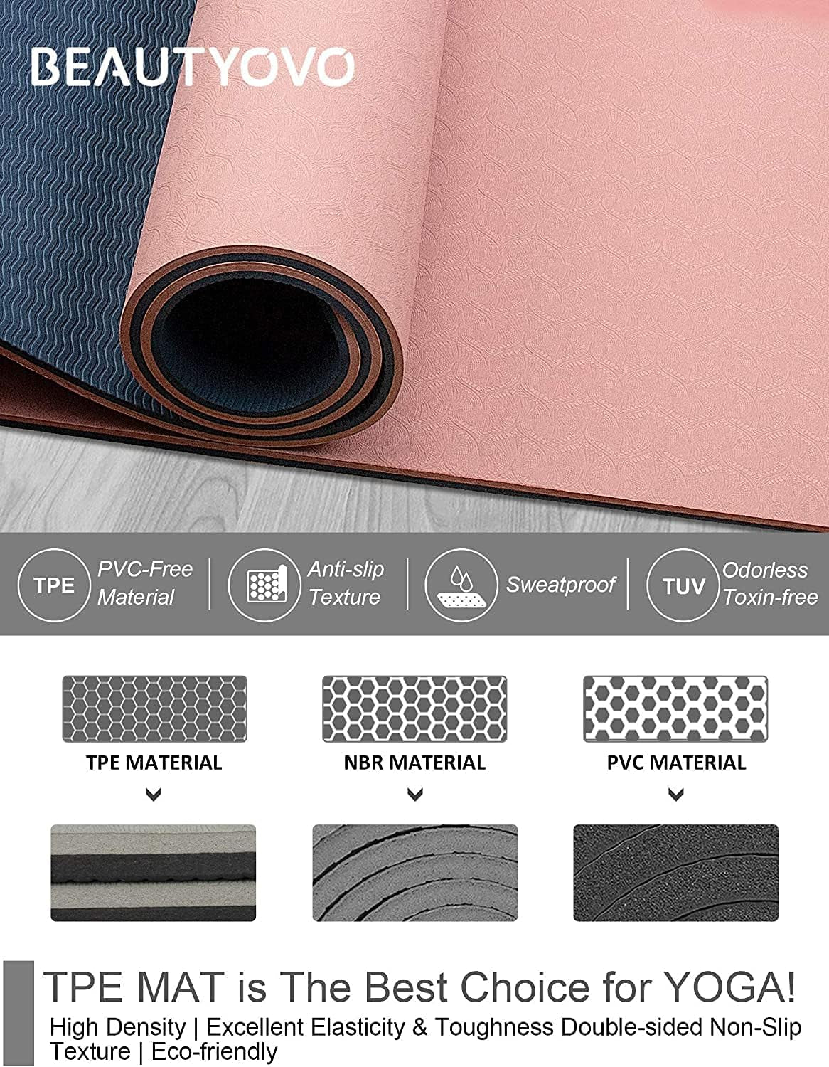 Yoga Mat with Strap, 1/3 Inch Extra Thick Yoga Mat Double-Sided Non Slip, Professional TPE Yoga Mats for Women Men, Workout Mat for Yoga, Pilates and Floor Exercises